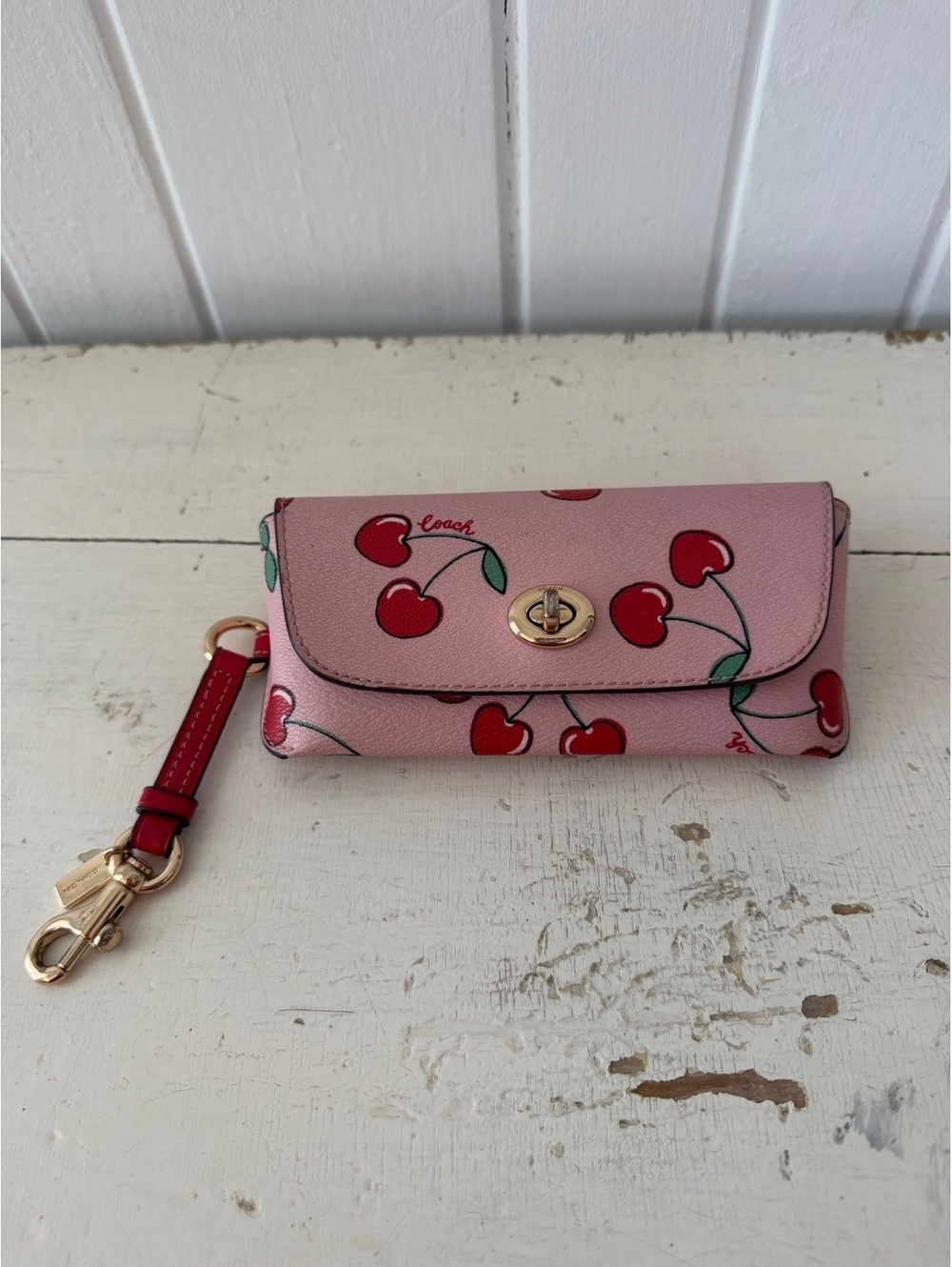 Coach Pink Cherry Print Coated Canvas Leather Wristlet Wallet with Gold Turnlock